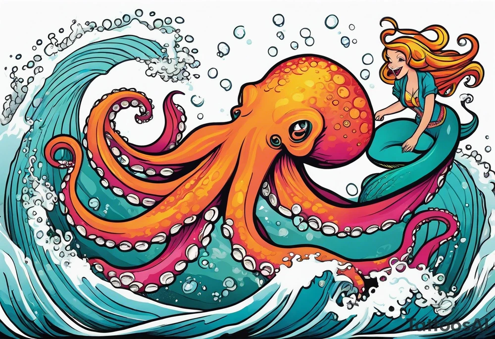 Giant octopus and mermaid frolicking in the sea tattoo idea