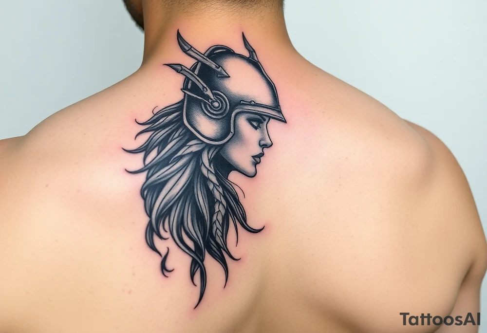 Realistic Valkyrie with helmet side profile tattoo idea