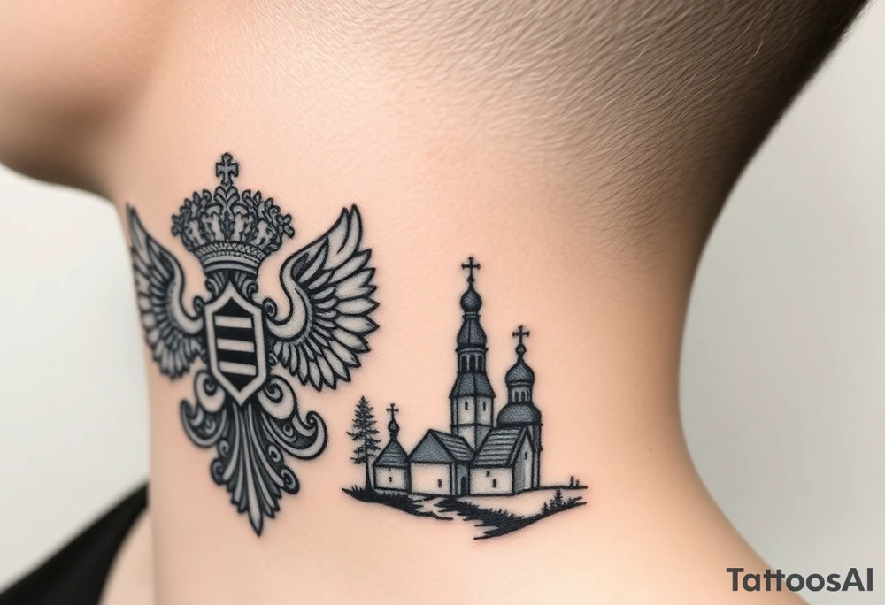 Traditional authentic Russian coat of arms with a Christian orthodox virgin marry in the middle and silhouette in a Russian wilderness Christian orthodoxy dome church village setting on the side of my neck tattoo idea
