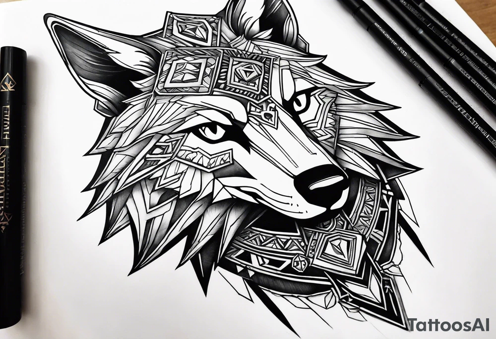 Legend of zelda link wolf in profile, in the center of his forhead is a diamond shape with a dot in the middle done in the style of black line work tattoo idea