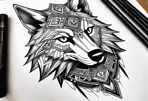 Legend of zelda link wolf in profile, in the center of his forhead is a diamond shape with a dot in the middle done in the style of black line work tattoo idea