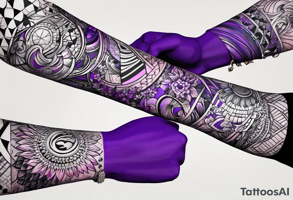 lines around wrist, abstract, black and purple, covered from wrist to forearm, fully covered, no borders, blackwork, no faces tattoo idea