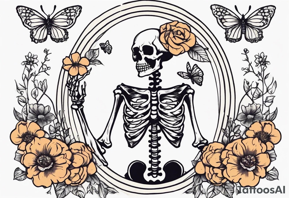 skeleton with body and flowers around it vintage sketch pretty and butterflies tattoo idea