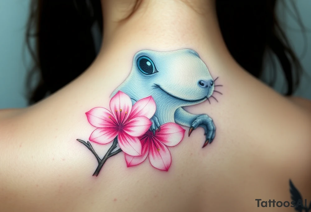 mole holding a delicate pink cherry blossom, with gentle pastel tones and a dreamy aesthetic tattoo idea