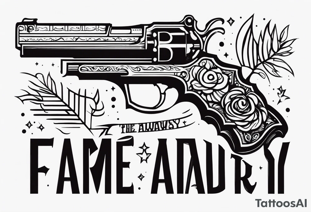 The letters AR with a pistol on each side and the word always on the top and the word ready on the bottom tattoo idea