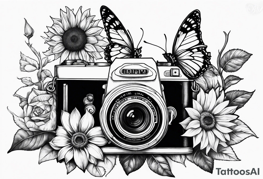 Butterfly, sunflower, camera, book,  flower rose tattoo idea