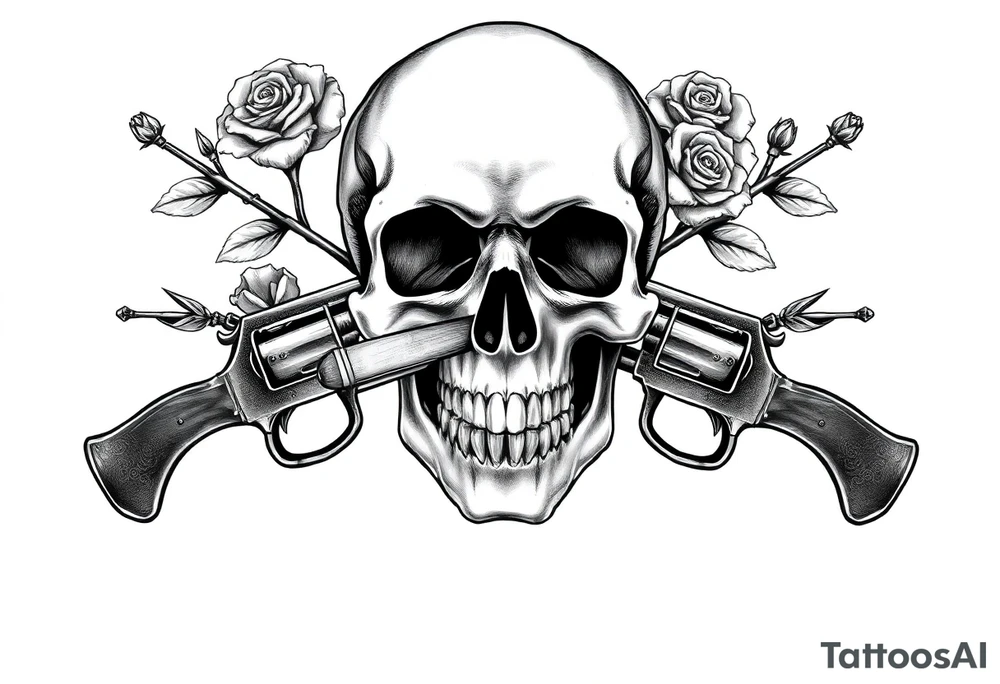 A realistic skull with a cigar in its mouth, crossed by two antique pistols and thorny rose stems. tattoo idea