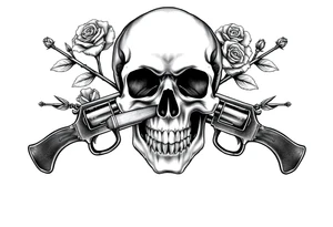 A realistic skull with a cigar in its mouth, crossed by two antique pistols and thorny rose stems. tattoo idea