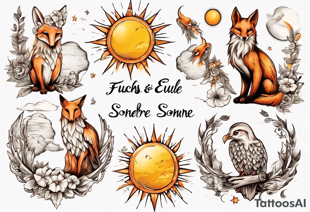 Fuchs und Eule unter der Sonne mit dem Schriftzug Sapere Aude tattoo idea