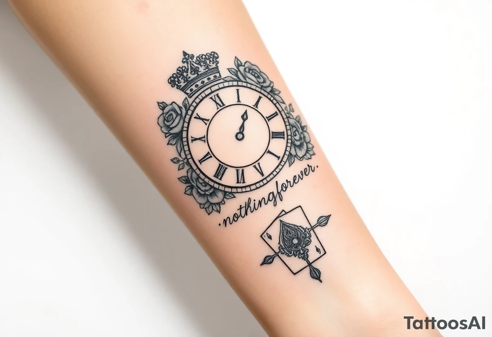 Roman clock with roses and a crown, a quote that says nothings forever. and on the bottom a deck of cards tattoo idea