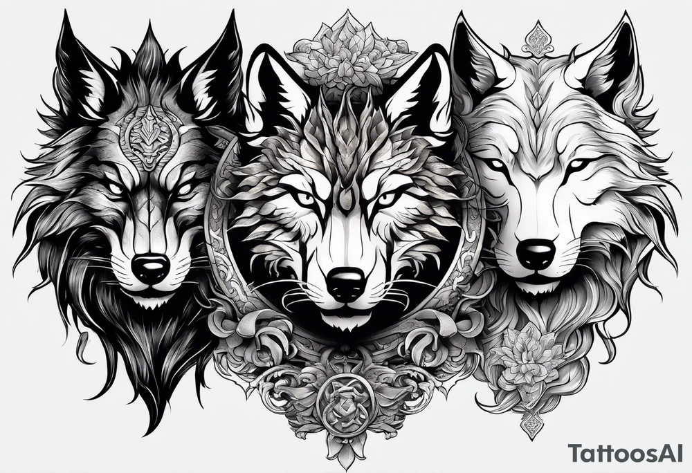 THREE ANIMAL HEADS ONLY MERGED, A CHINESE DRAGON A WOLF AND A CAT tattoo idea