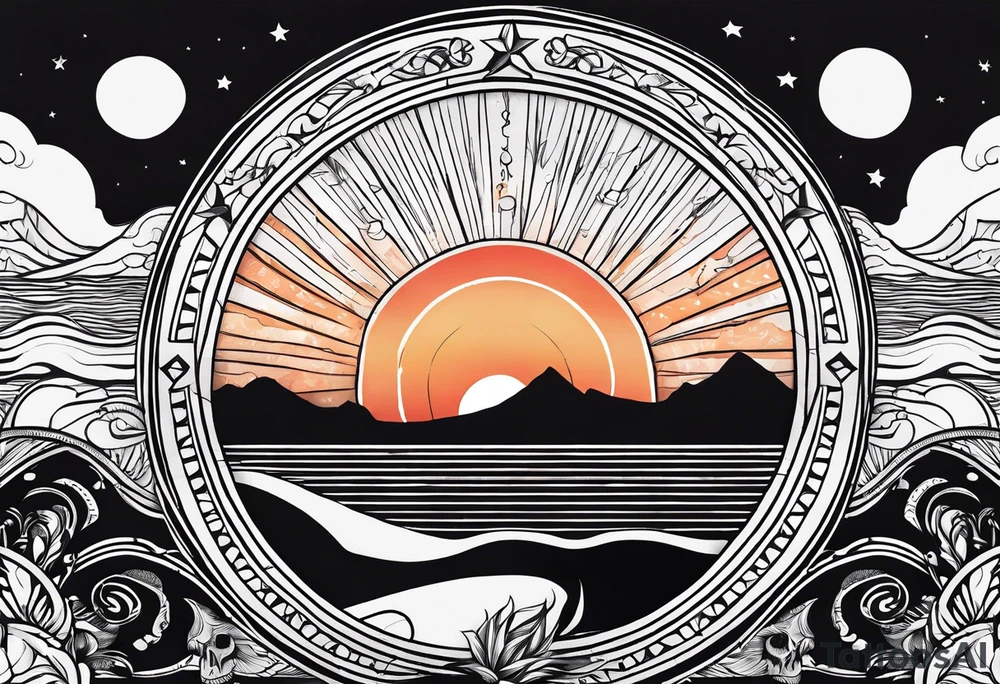 Simple tattoo drawing of a sunset with the inscription Memento mori tattoo idea