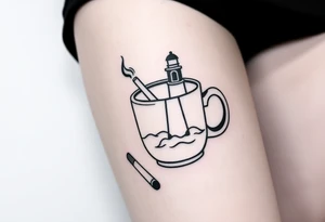 A mug of coffee
 with a picture of a 
 lighthouse on the the mug and a cigarette laying next to it tattoo idea