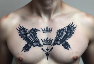 Chest tattoo, two ravens and icelandic symbols, dark brest tattoo, crown betwen ravens tattoo idea