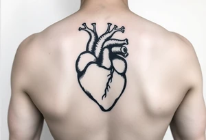 woodcut realistic heart tattoo on back of tricep tattoo idea