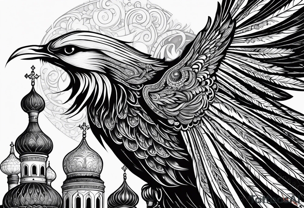 russian firebird in-flight with long fancy tail and 3 small onion cap monastery towers in background, with "Isaiah 43: 18-19" tattoo idea