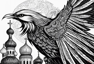 russian firebird in-flight with long fancy tail and 3 small onion cap monastery towers in background, with "Isaiah 43: 18-19" tattoo idea