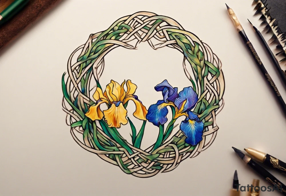 Create a small, colorful Vincent van Gogh Irises tattoo in the form of a crescent, with vines in Celtic knot style gracefully intertwining at a central point in the middle of the wreath. The intended placement is on the upper chest. The middle needs mountains. The overall design should be small in size while maintaining a delicate and artistic aesthetic. Pay attention to the graceful flow of the vines and the placement of the irises to achieve a refined and elegant look. tattoo idea