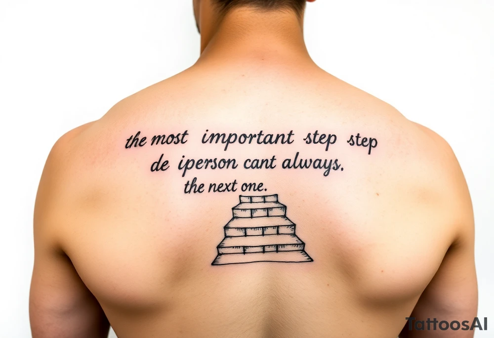Design a tattoo for the outer arm using the phrase “the most important step a person can take is always the next one” with a geometric path or staircase tattoo idea
