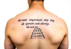 Design a tattoo for the outer arm using the phrase “the most important step a person can take is always the next one” with a geometric path or staircase tattoo idea