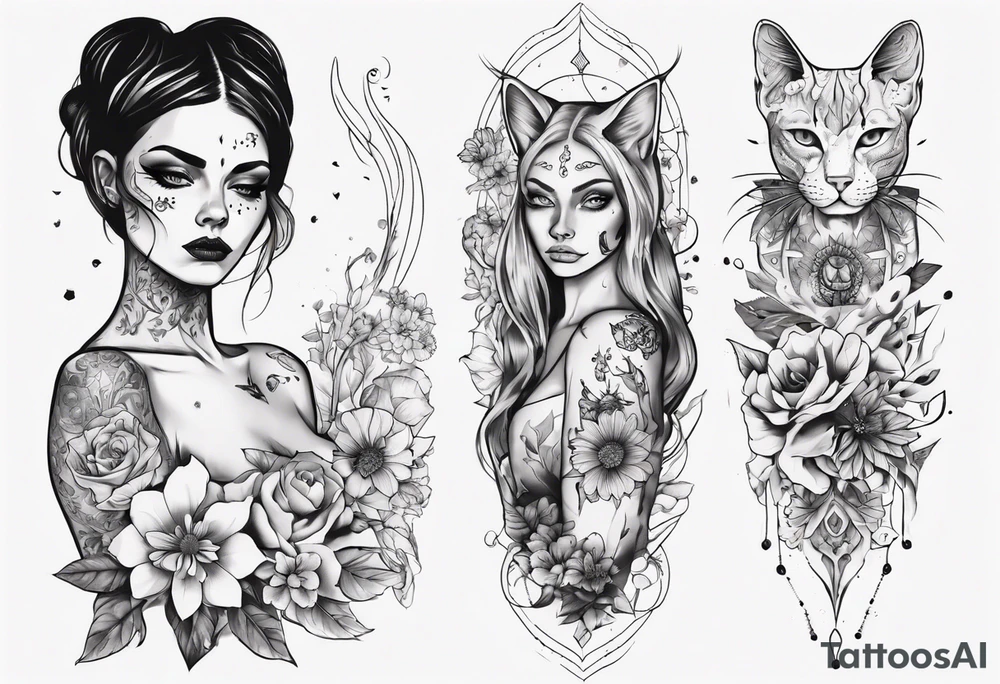 B&w tattoo arm with flowers dotting work and with an cat in it and a dark elf woman Scandinavian tattoo idea