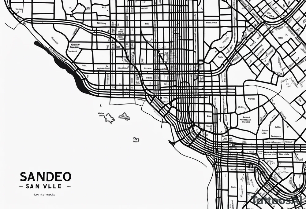 Draw a Streetmap with only one road from San Francisco to San Diego via Yosemite Park, Death Valley, Las Vegas, Grand Canyon, Joshua Tree and Los Angeles. DO it only in Black and White and in a minimalistic Style. tattoo idea
