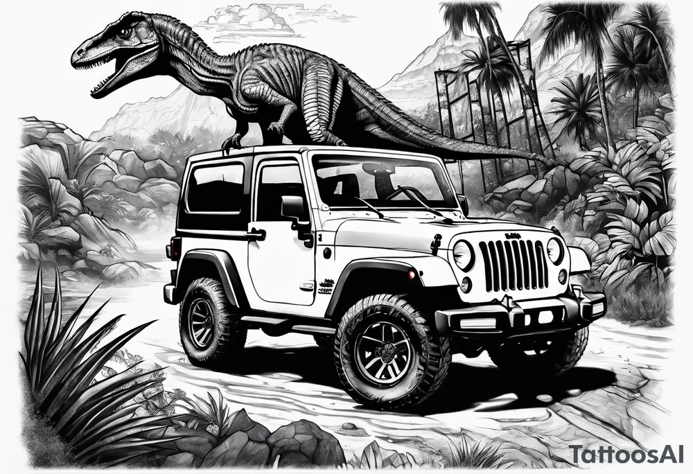 Velociraptor, a jeep, and the Jurassic Park gates tattoo idea