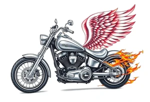 Harley grey motorcycle driving away, flames, angel wings tattoo idea