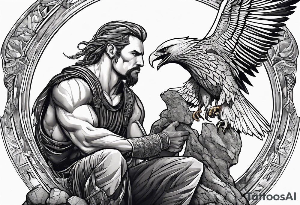 Prometheus laiing at a Rock chained and a Eagle who eats His liver tattoo idea