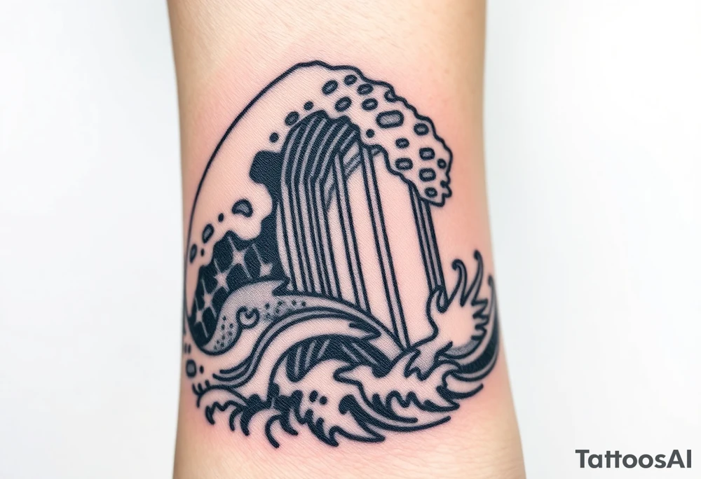 A barcode that seamlessly blends into high ocean waves with other sea life creatures tattoo idea
