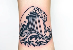 A barcode that seamlessly blends into high ocean waves with other sea life creatures tattoo idea