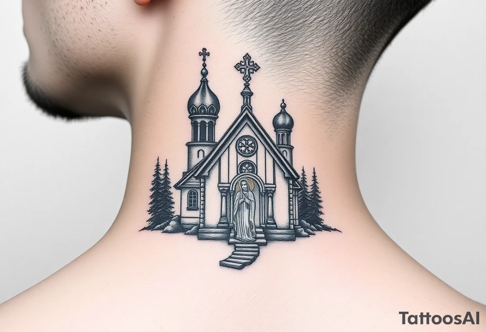 Traditional russian orthodox church in a wilderness setting with a prominent orthodox style virgin mary tattoo idea