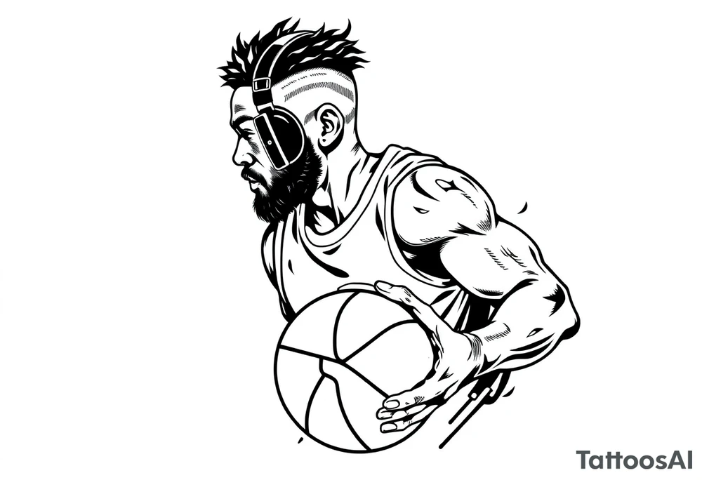 A guy dribbling a basketball with headphones on tattoo idea