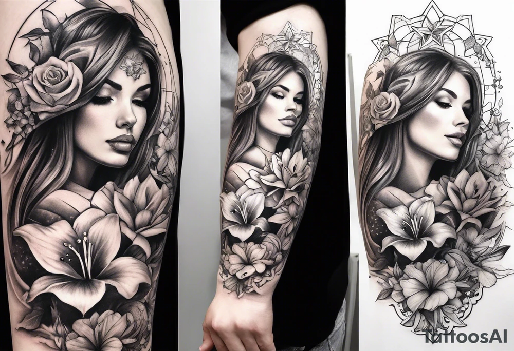 Harvey Ruby lillies flowers butterflies stars fantasy books forearm half sleeve tattoo idea