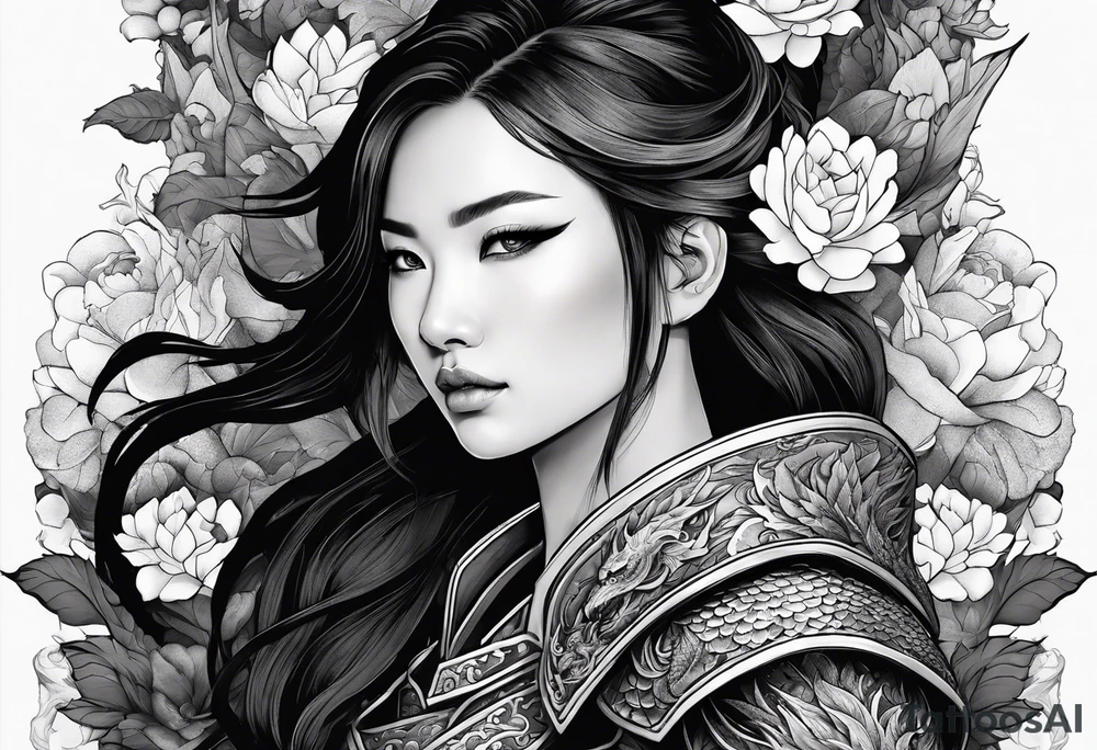 beautiful warrior woman wearing dragon armor and a floral background and a dragon tattoo idea