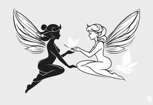 Minimalistic, monochromatic fairy with a tail flying to the left in a fetal position, leaning and looking in the same direction, with visible hands, embodying the 'Fairy Tail' logo aesthetic. tattoo idea