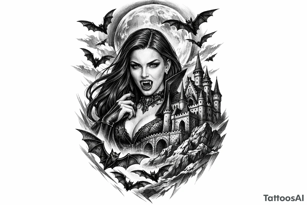 female vampire,bats,full moon,a castle. tattoo idea