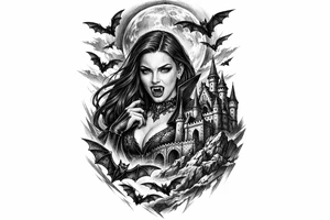 female vampire,bats,full moon,a castle. tattoo idea