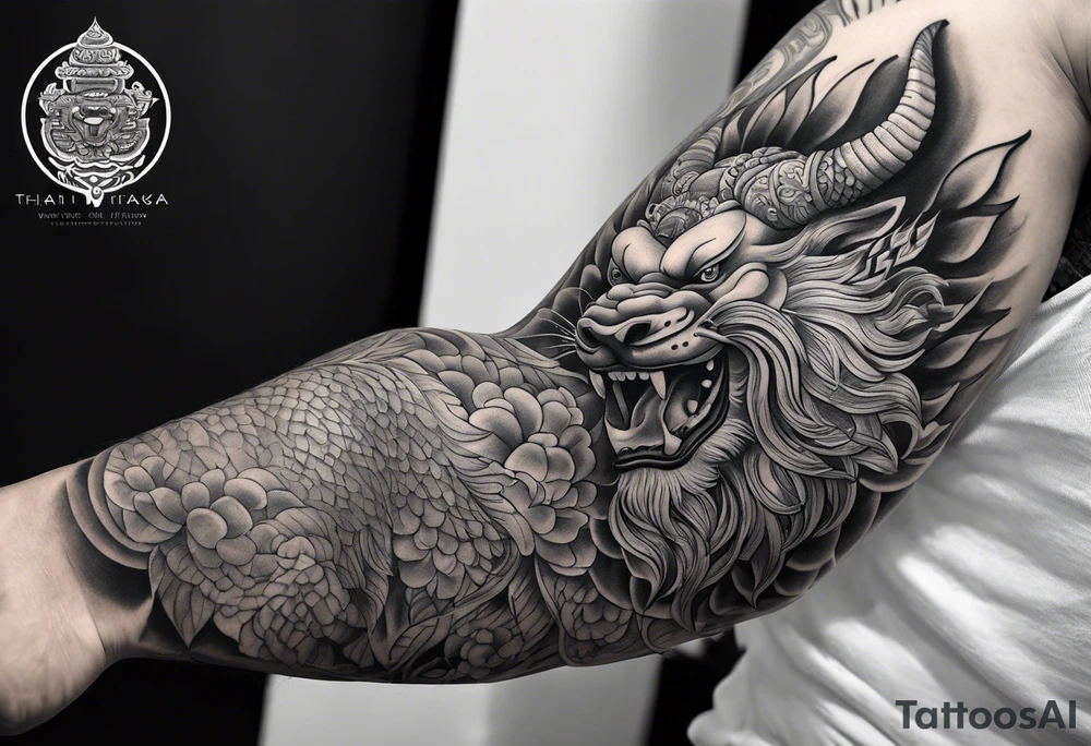Sleeve tattoo 
Black and white, grey Thai yak/giant with thai naga. tattoo idea