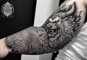 Sleeve tattoo 
Black and white, grey Thai yak/giant with thai naga. tattoo idea