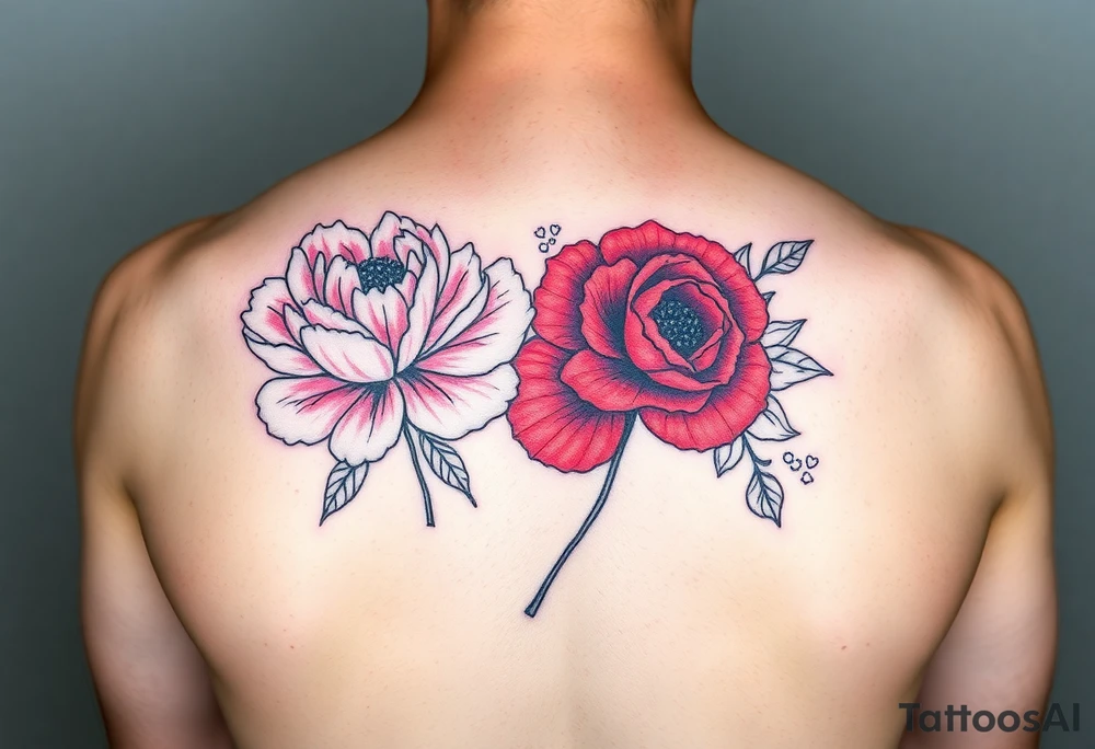 Pink peonie outline deep red rose outline red poppy outline and pink carnation outline tattoo idea