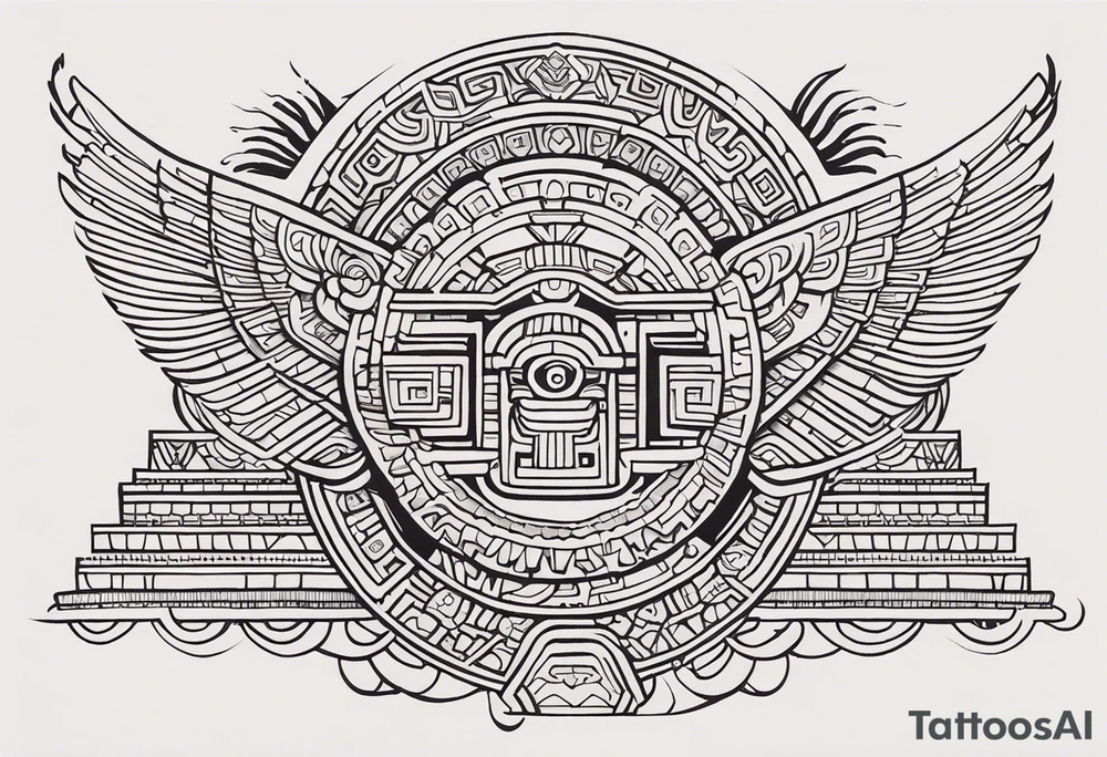 Create a right chest tattoo of Quetzalcoatl based on the original depiction discovered in the Pyramid of the Sun at Teotihuacan. Use the ancient feathered serpent form, with Quetzalcoatl's body coiling in a strong, fluid motion across the chest. Maintain the authenticity of the Teotihuacan style, with bold, angular geometric patterns and intricate detailing in the scales and feathers. The face should feature a traditional Mesoamerican headdress and mask, with the god's fierce, regal expression preserved. Make the eyes intense and striking, with sharp fangs protruding. Use black and gray shading to give the design depth, keeping the ancient stone carving aesthetic, but add subtle modern touches to enhance the masculine and powerful feel. Incorporate authentic Aztec motifs around the serpent, like the sun and stepped pyramids, as part of the chest piece to anchor the design in its historical context tattoo idea