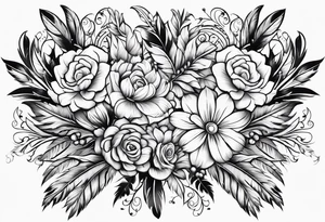 western pattern with feathers and flowers tattoo idea
