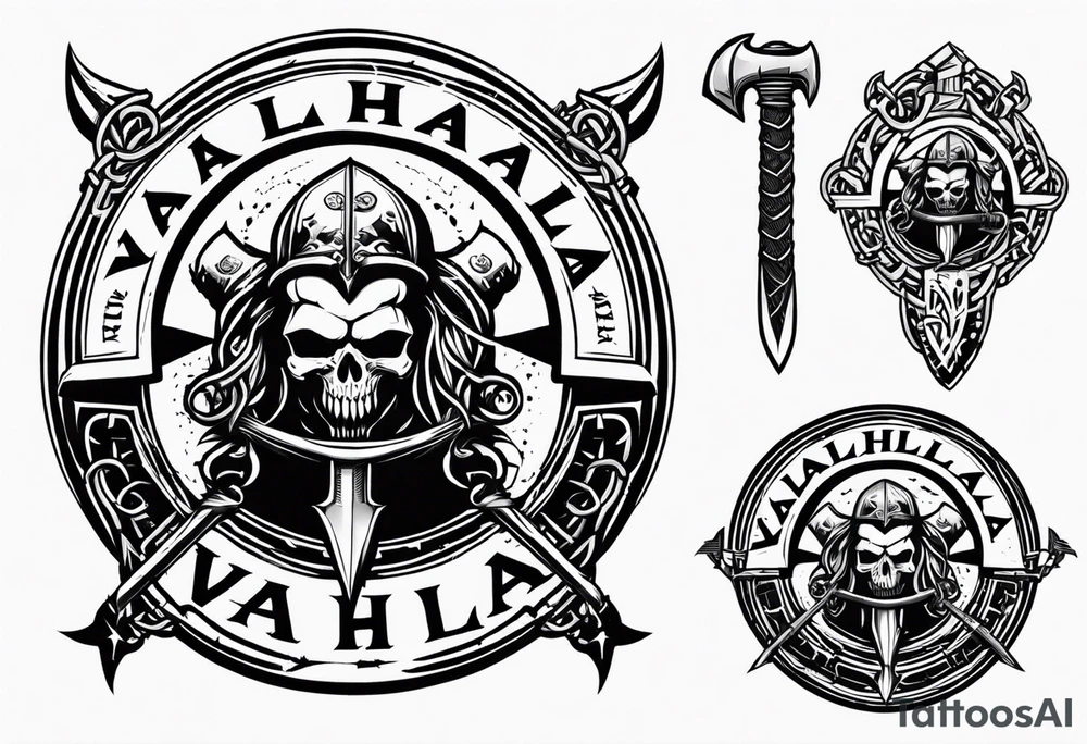 Valhalla sword round shield axe barbed wire chains dark cloud tattoo idea