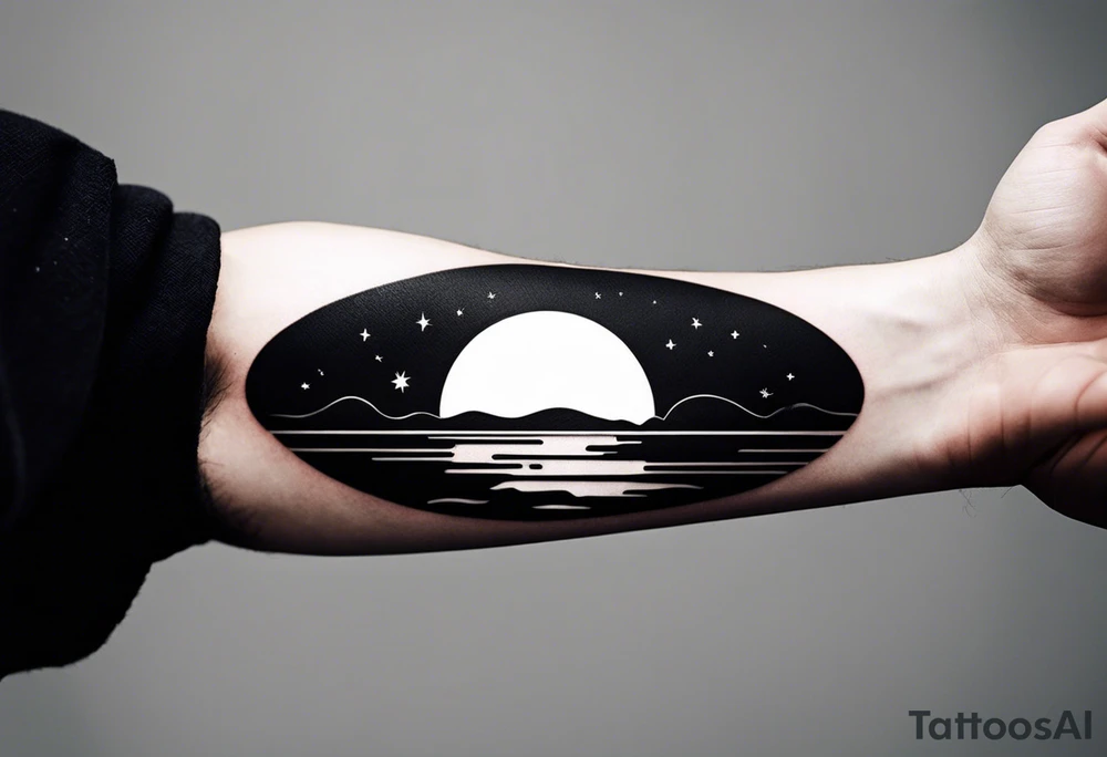 This is an extremely simple and minimalistic tattoo on male forearm. It is black and white with no color. The tattoo 6 inches wide by 3 inches tall. From the perspective of being on the ocean, Water is calm, with no waves in sight, the sun is setting behind the ocean, reflecting light onto the ocean. tattoo idea