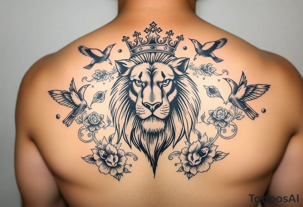 powerful majestic lion with a crown, surrounded by floral ornaments and birds tattoo idea