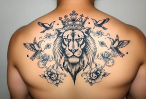 powerful majestic lion with a crown, surrounded by floral ornaments and birds tattoo idea