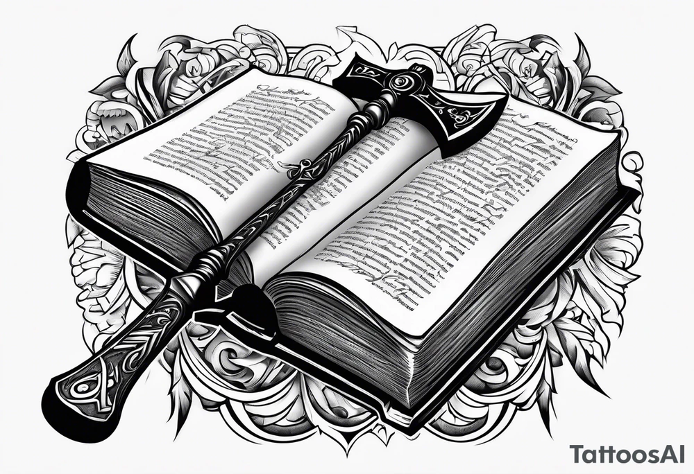An opened bible with a battle Axe tattoo idea