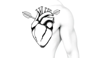 anatomical heart pierced by ornate arrow with flowing ribbons tattoo idea
