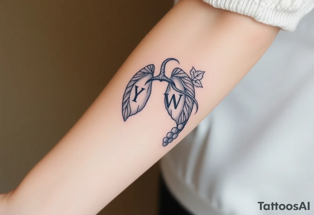 Initials "YH WH" in lungs with cross and grape on vine tattoo idea